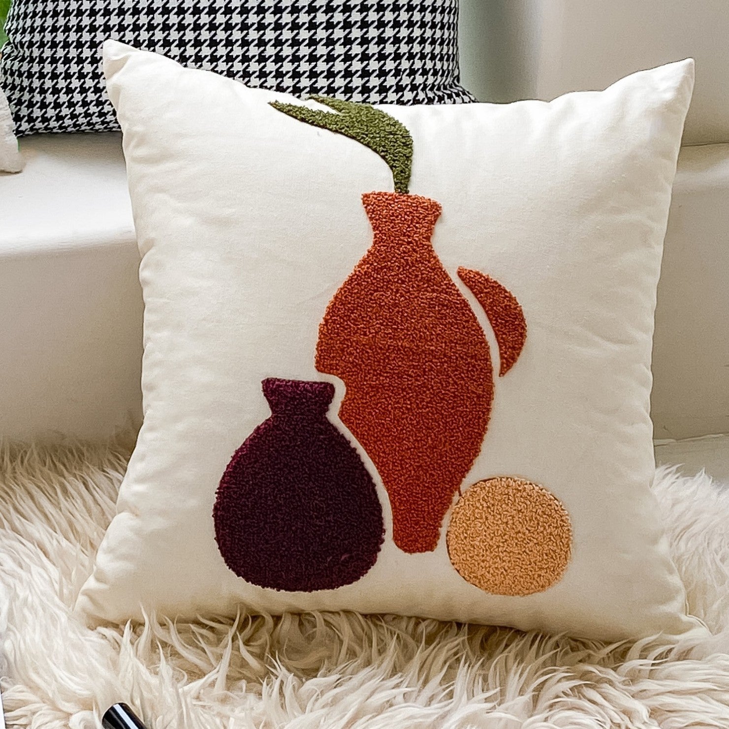 Geometric Embroidered Cotton Throw Pillow